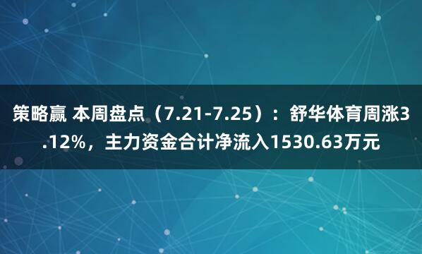 策略赢 本周盘点（7.21-7.25）：舒华体育周涨3.12%，主力资金合计净流入1530.63万元